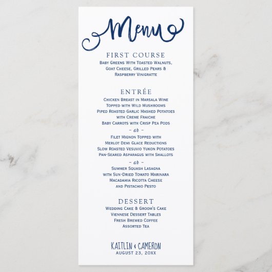 のモダンメ結婚ニュー |タイポグラフィ（ネイビーブルー） メニュー (正面)