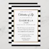 のモダン人生ストライプの葬儀の黒いお祝い 招待状 (正面/裏面)