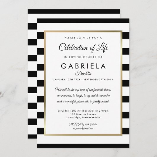 のモダン人生ストライプの葬儀の黒いお祝い 招待状 (正面/裏面)