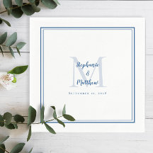 のモダン名結婚前と日付モノグラムブルーホワイト