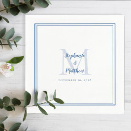 のモダン名結婚前と日付モノグラムブルーホワイト スタンダードカクテルナプキン