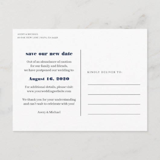 のモダン延期結婚写真の日付を保存 案内ポストカード (裏面)