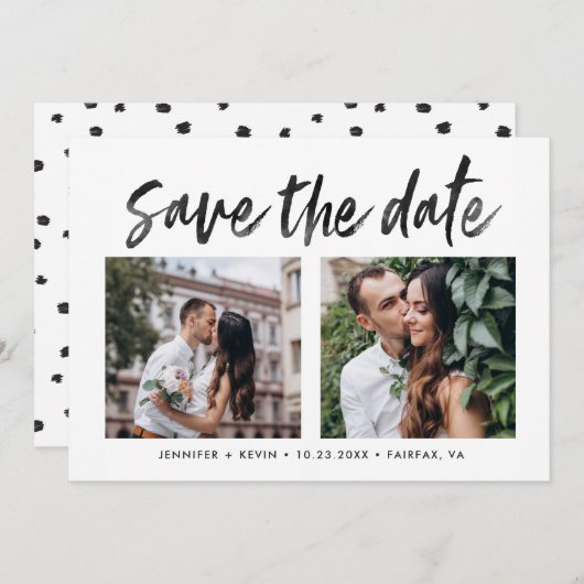 のモダン結婚正方形の写真は日付カードを保存 案内状 (正面/裏面)