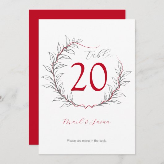のモダン表結婚番号とメニュー（赤） 招待状 (正面/裏面)