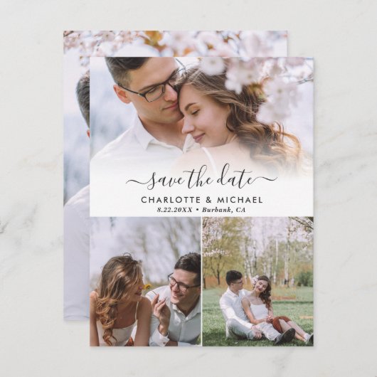 のモダン4結婚枚の写真は日付カードを保存 案内状 (正面/裏面)