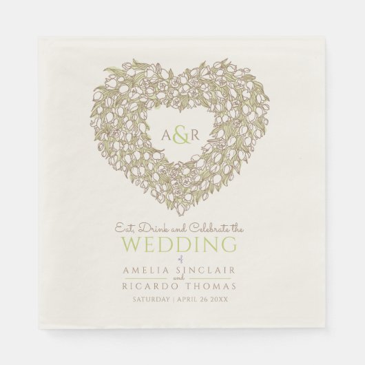 のモノグラム結婚クリームチューリップリースインクスケッチ スタンダードランチョンナプキン (正面)