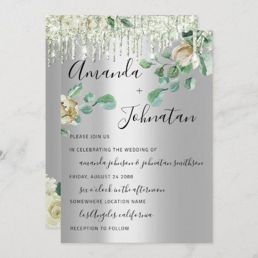 のモノグラム結婚ドリップス花模様ミントグリーンシルバー 招待状 (正面/裏面)