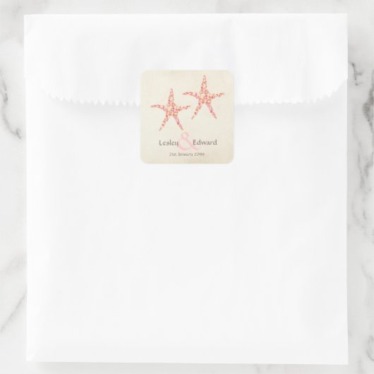 のモノグラム結婚ピンクオレンジコーラルヒトデのラベル スクエアシール (バッグ)