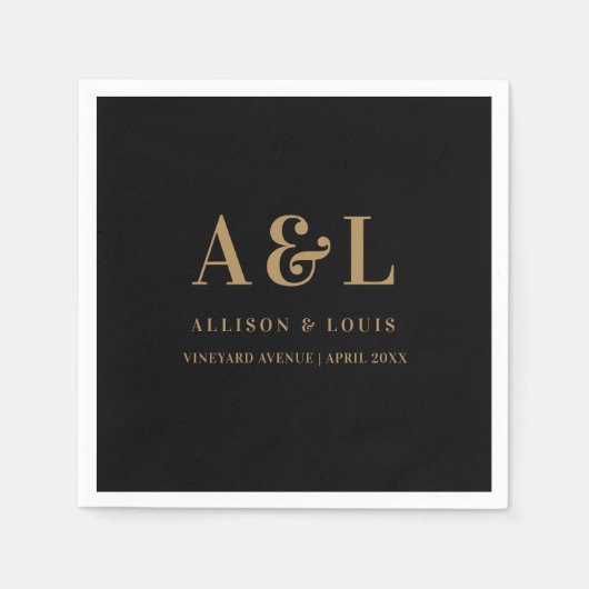 のモノグラム結婚ミニマルなブラック金ゴールド スタンダードカクテルナプキン (正面)