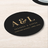 のモノグラム結婚ミニマルなブラック金ゴールド ラウンドペーパーコースター (アングル)