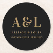 のモノグラム結婚ミニマルなブラック金ゴールド ラウンドペーパーコースター (正面)