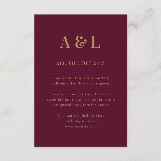 のモノグラム結婚ミニマルなブルゴーニュ金ゴールド エンクロージャーカード (正面)