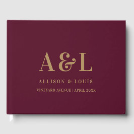 のモノグラム結婚ミニマルなブルゴーニュ金ゴールド ゲストブック