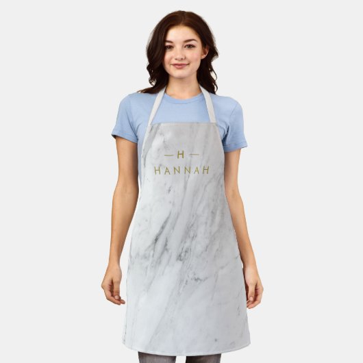 のモノグラム結婚ミニマルシンプルリストホワイトマーブル エプロン (着用した状態)