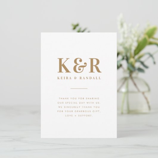 のモノグラム結婚ミニマルシンプルリスト金ゴールドとホワイト サンキューカード (スタンド正面)