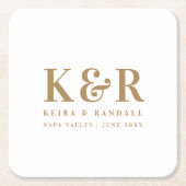 のモノグラム結婚ミニマルシンプルリスト金ゴールドとホワイト スクエアペーパーコースター (正面)