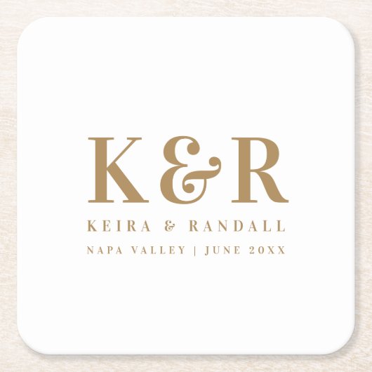 のモノグラム結婚ミニマルシンプルリスト金ゴールドとホワイト スクエアペーパーコースター (正面)