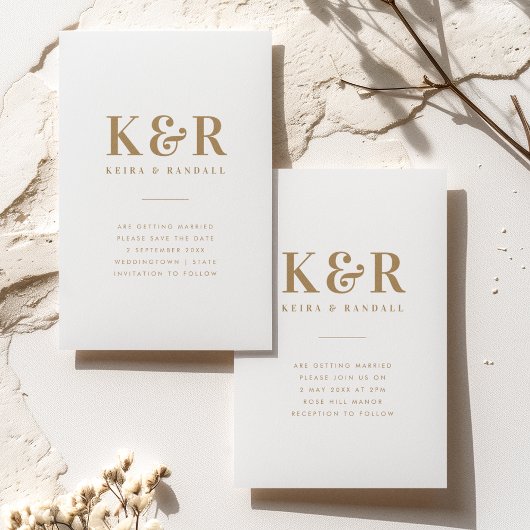 のモノグラム結婚ミニマルシンプルリスト金ゴールドとホワイト セーブザデート