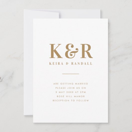のモノグラム結婚ミニマルシンプルリスト金ゴールドとホワイト 招待状 (正面)