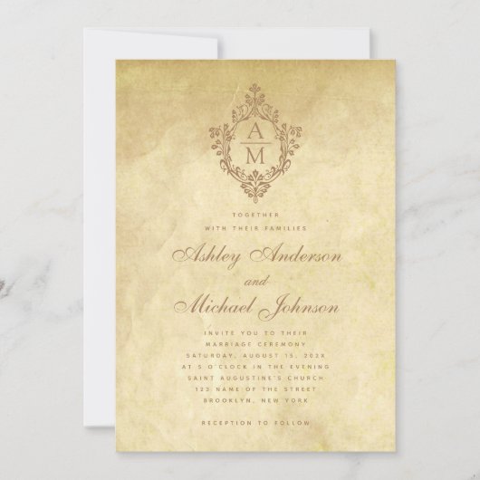 のモノグラム結婚ヴィンテージクレストアンティーク羊皮紙 招待状 (正面)