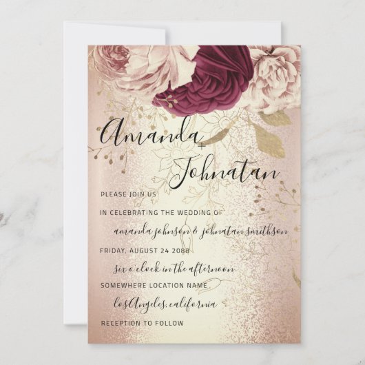 のモノグラム結婚花模様ブルゴーニュマルサラバラ金ゴールド 招待状 (正面)