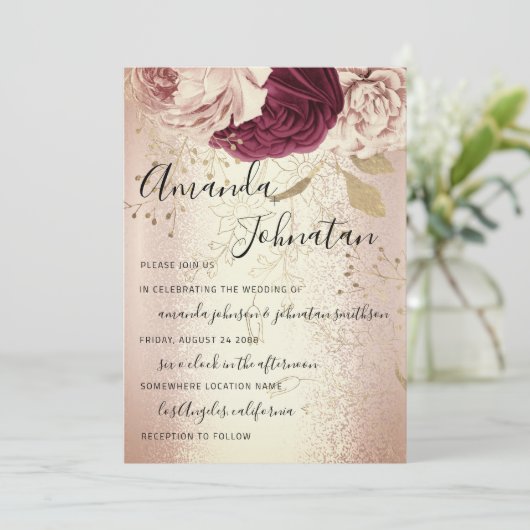 のモノグラム結婚花模様ブルゴーニュマルサラバラ金ゴールド 招待状 (スタンド正面)