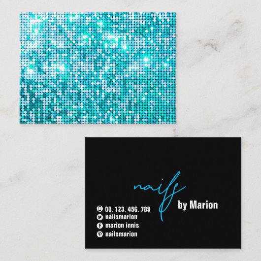 ★のユニークでシックなグリッターのターコイズ 名刺 (正面/裏面)