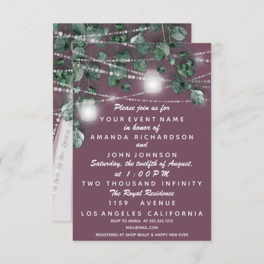 のライ結婚トグリーン素朴ドレスダイヤモンドバイオレット 招待状 (正面/裏面)