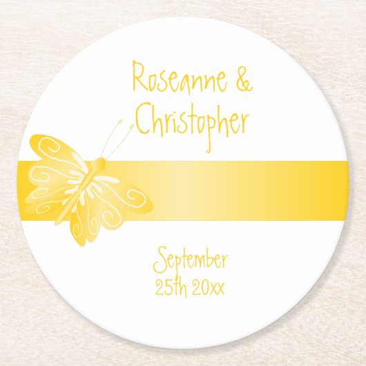 のラウンド結婚紙コースターイエローバタフライ ラウンドペーパーコースター (正面)