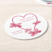 のラウンド結婚紙コースターピンクハート蝶 ラウンドペーパーコースター (アングル)