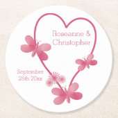のラウンド結婚紙コースターピンクハート蝶 ラウンドペーパーコースター (正面)