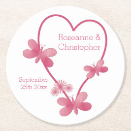 のラウンド結婚紙コースターピンクハート蝶 ラウンドペーパーコースター