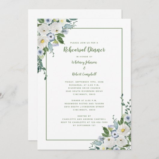 のリハ結婚ーサルディナーエレガントフローラグリーンシック 招待状 (正面/裏面)