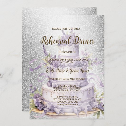 のリハ結婚ーサルディナーケーキラベンダーフローラ 招待状 (正面/裏面)