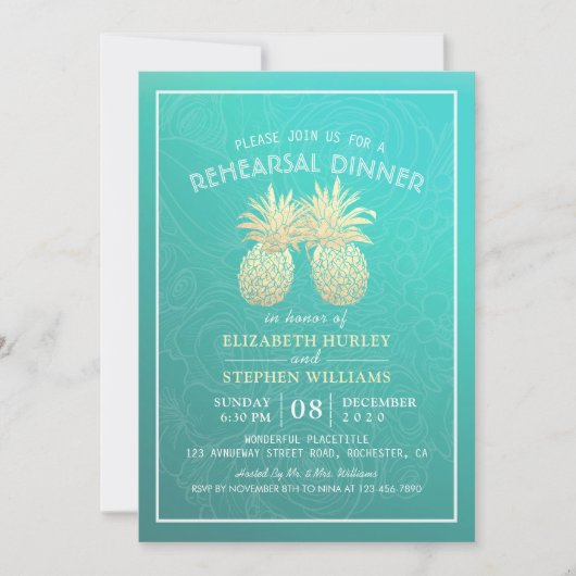 のリハ結婚ーサルディナーゴールデンパイナップルカップル 招待状 (正面)