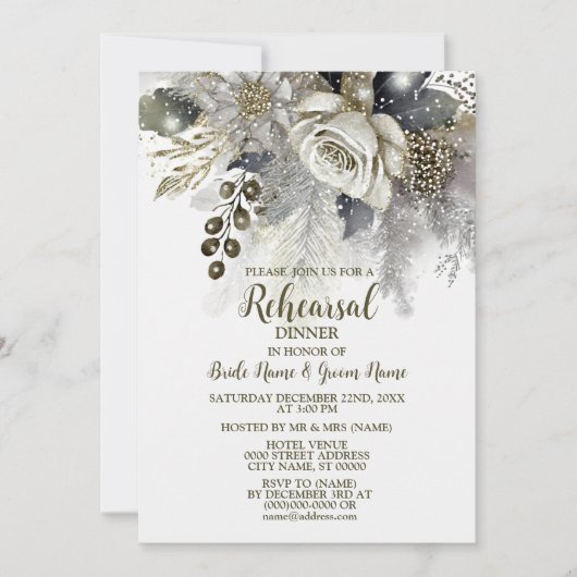 のリハ結婚ーサルディナーシルバーゴールデンホワイトローズ 招待状 (正面)