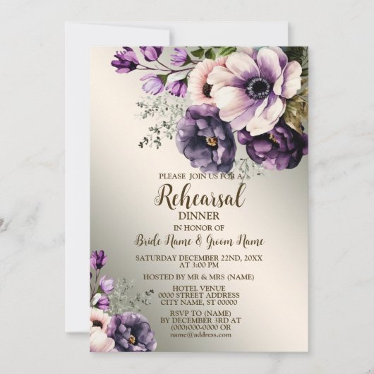 のリハ結婚ーサルディナーパーティー紫ピンクの花 招待状 (正面)