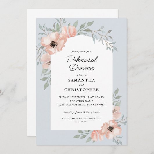 のリハ結婚ーサルディナーピーチフラワーダスティブルー 招待状 (正面/裏面)
