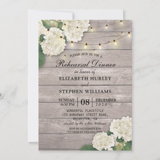 のリハ結婚ーサルディナーフラワーストリングライトウッド 招待状 (正面)
