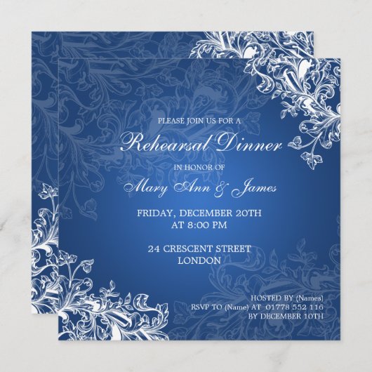 のリハ結婚ーサルディナーヴィンテージが青く渦を巻く 招待状 (正面/裏面)