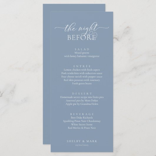のリハ結婚ーサルディナー、ロマンチックなダスティブルー メニュー (正面/裏面)