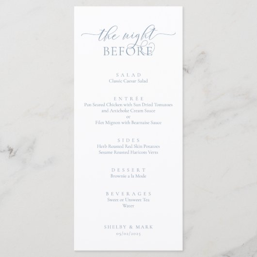 のリハ結婚ーサルディナー、ロマンチックなダスティブルー メニュー (正面)