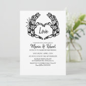 のリングや輪を持つ黒いスケルトン結婚ハンドハート 招待状 (スタンド正面)