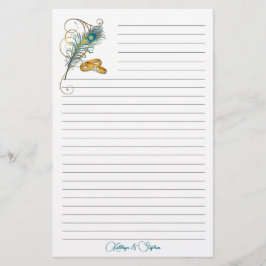 のリングや輪結婚とティール（緑がかった色）孔雀フェザーライン 便箋