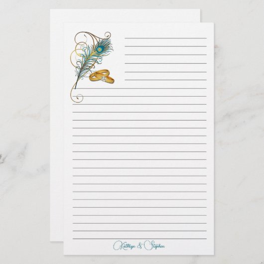 のリングや輪結婚とティール（緑がかった色）孔雀フェザーライン 便箋 (正面/裏面)
