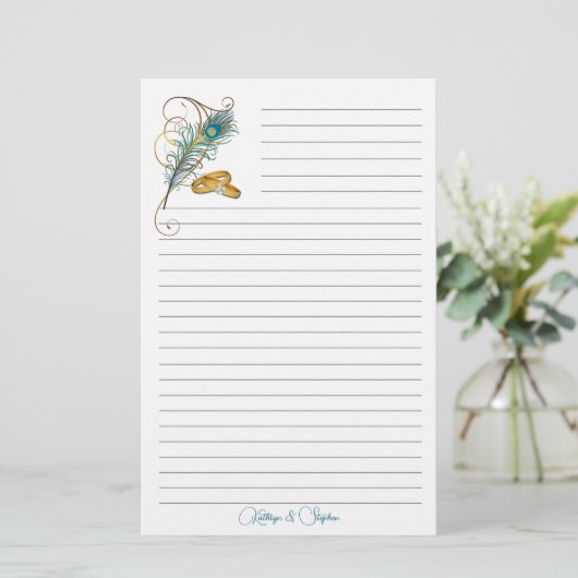 のリングや輪結婚とティール（緑がかった色）孔雀フェザーライン 便箋 (スタンド正面)