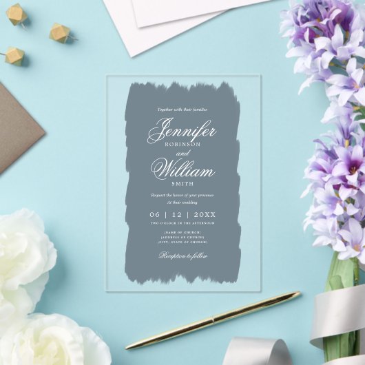 のロマ結婚ッエレガントクな台本ダスティブルー絵を描 アクリル招待状 (インサイチュ (ウェディング))