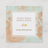 *~*のヴィンテージのリネン金ゴールドの青銅の花柄のターコイズ スクエア名刺 (正面)