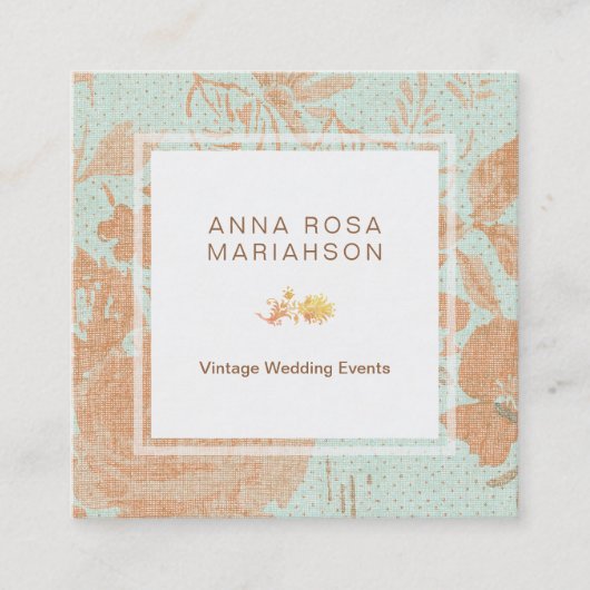 *~*のヴィンテージのリネン金ゴールドの青銅の花柄のターコイズ スクエア名刺 (正面)
