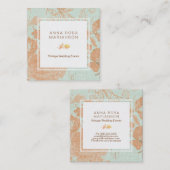 *~*のヴィンテージのリネン金ゴールドの青銅の花柄のターコイズ スクエア名刺 (正面/裏面)